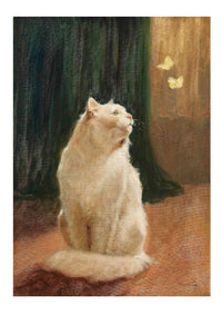 Art print of a white cat watching butterflies