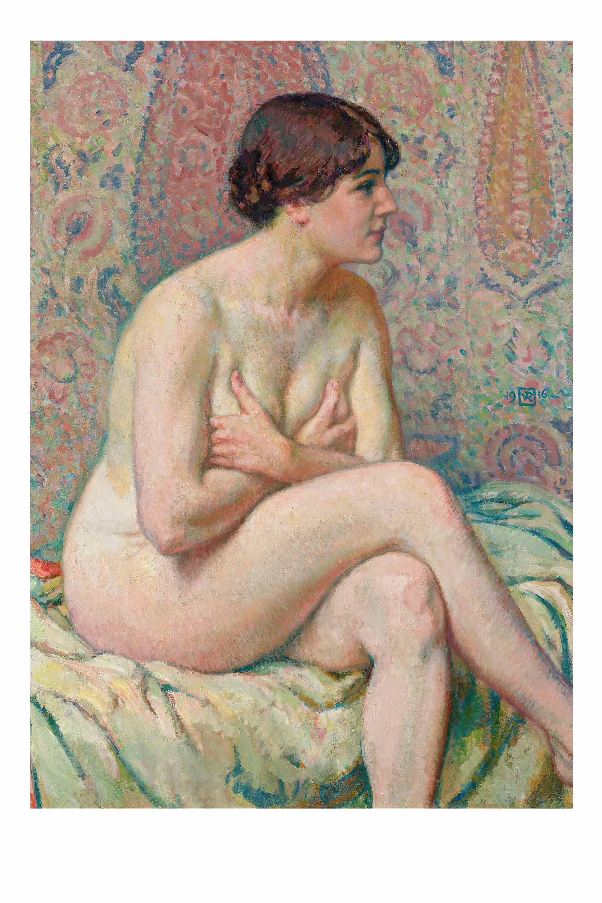 Seated nude woman with arms crossed.