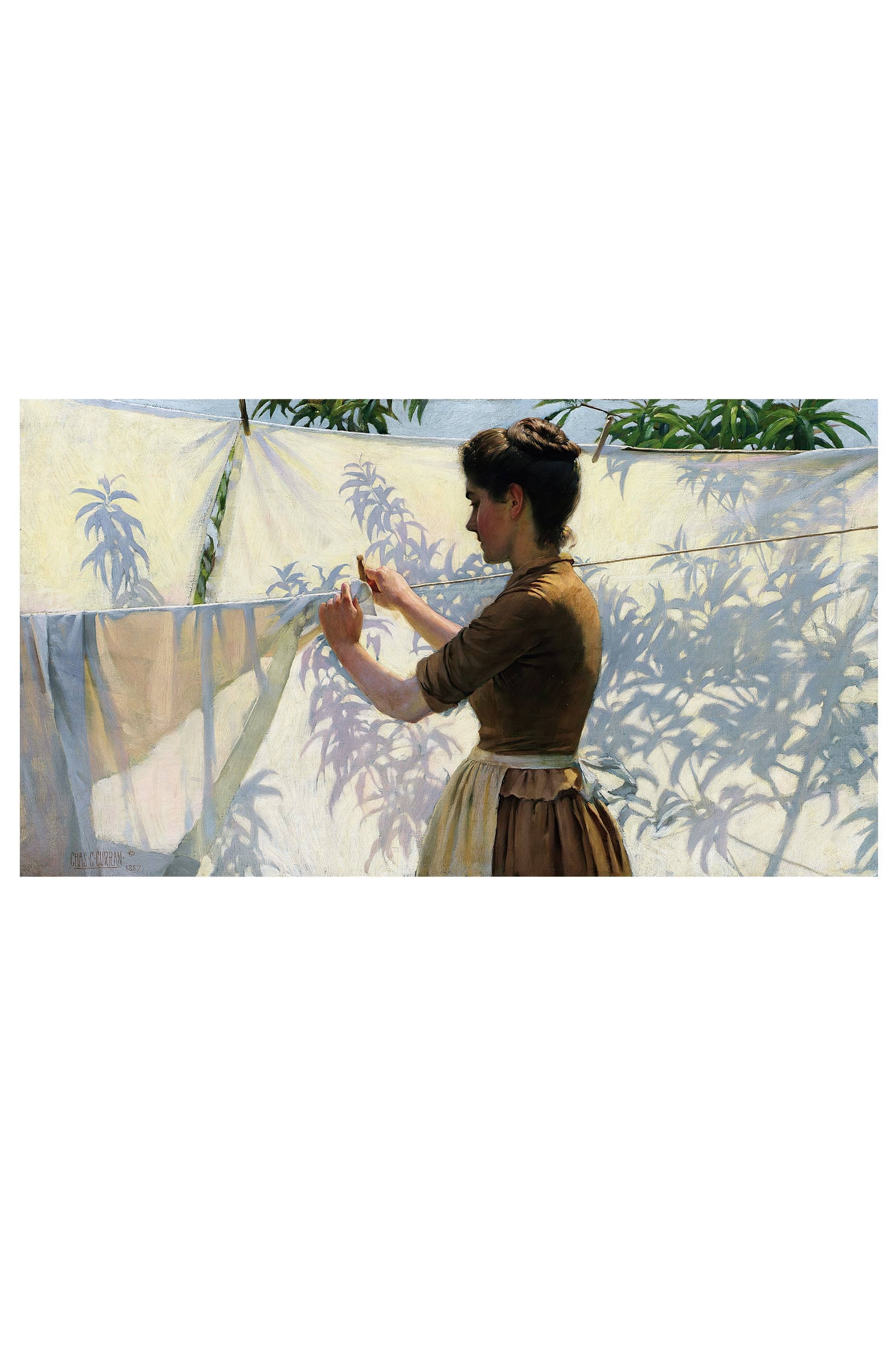 Woman hanging laundry, shadows of trees, art print