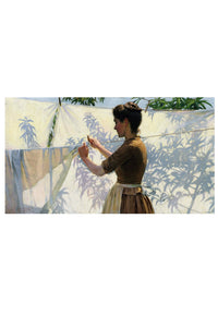 Woman hanging laundry, shadows of trees, art print