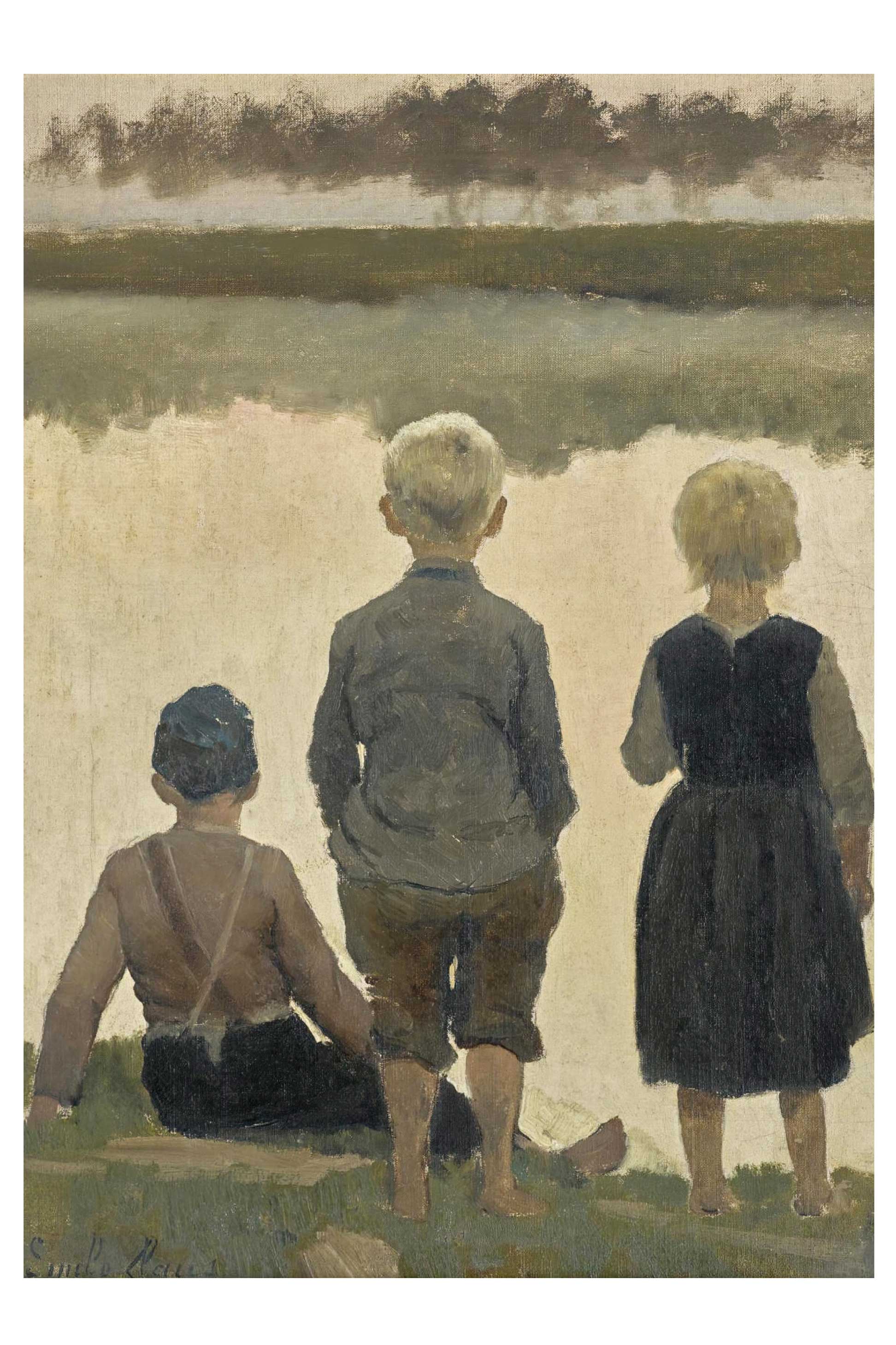 Art print of three children by water.