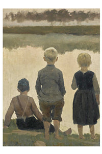 Art print of three children by water.