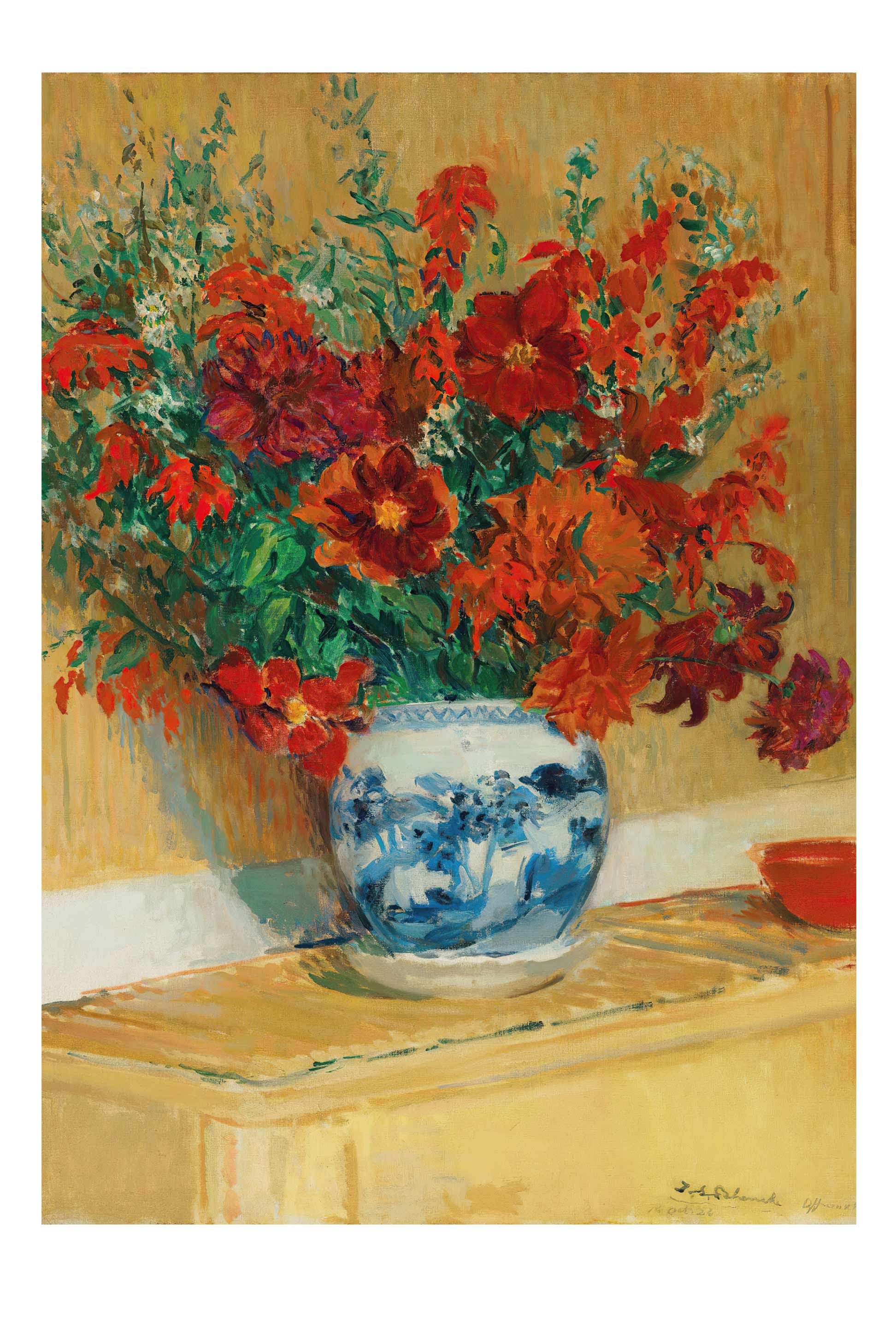 Art print of red flower bouquet in blue and white vase