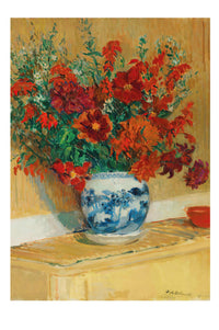 Art print of red flower bouquet in blue and white vase