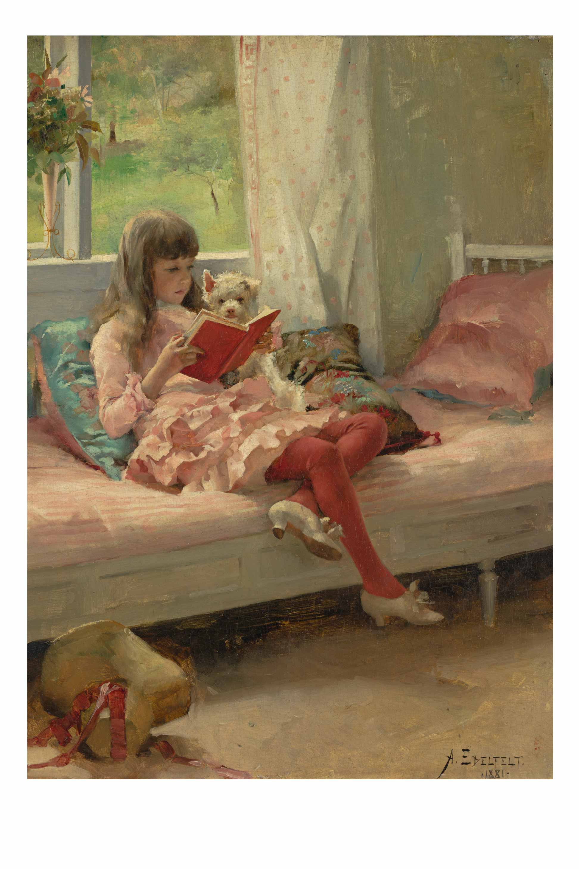 Art print of girl reading with dog, Good Friends