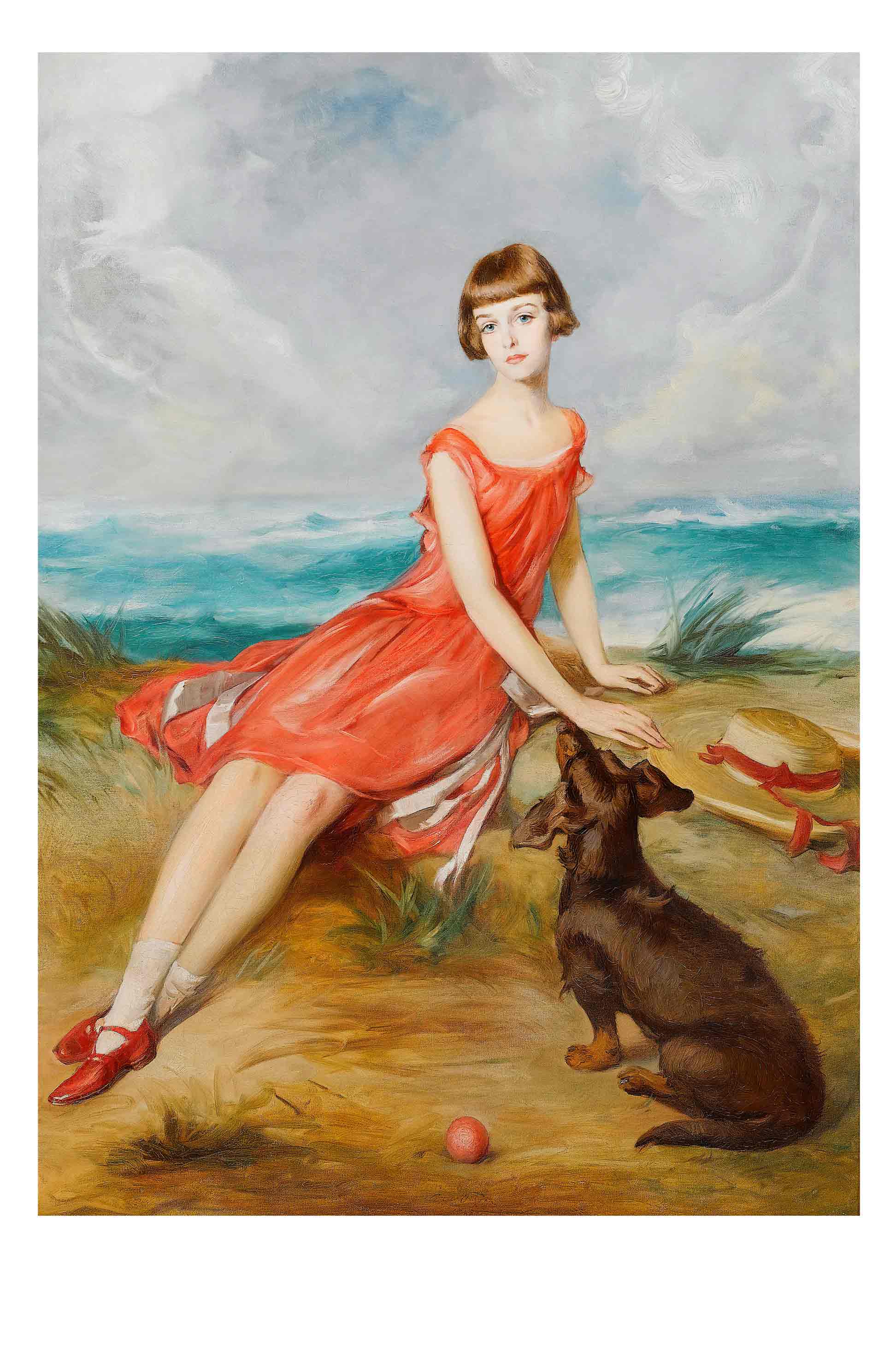 Art print of a woman in red dress with dog by the sea.