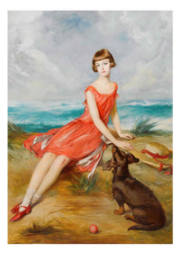 Art print of a woman in red dress with dog by the sea.
