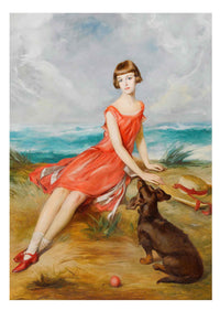 Art print of a woman in red dress with dog by the sea.