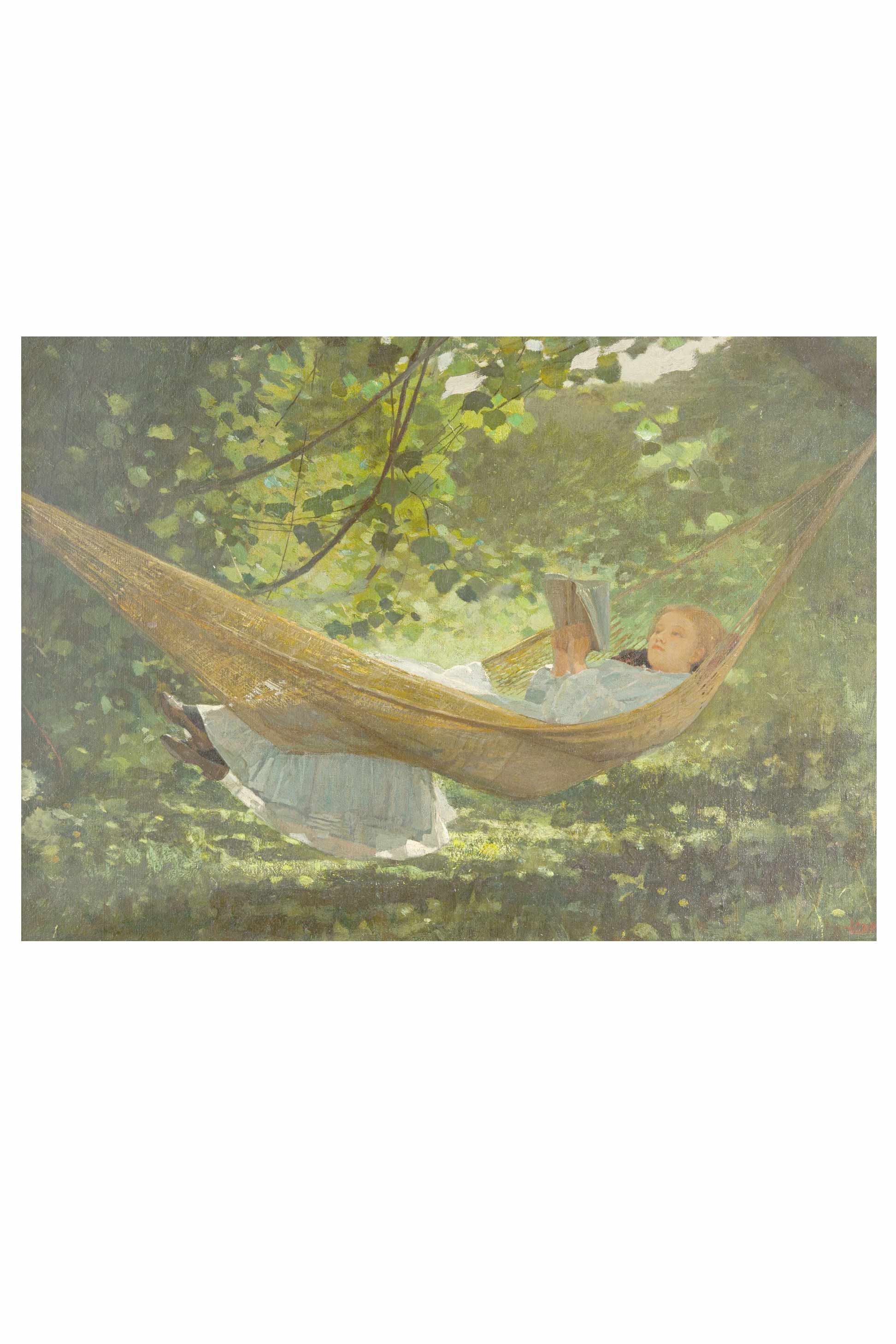 Art print of person reading in hammock, sunlight and shadows