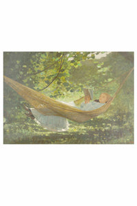 Art print of person reading in hammock, sunlight and shadows