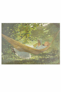 Art print of person reading in hammock, sunlight and shadows