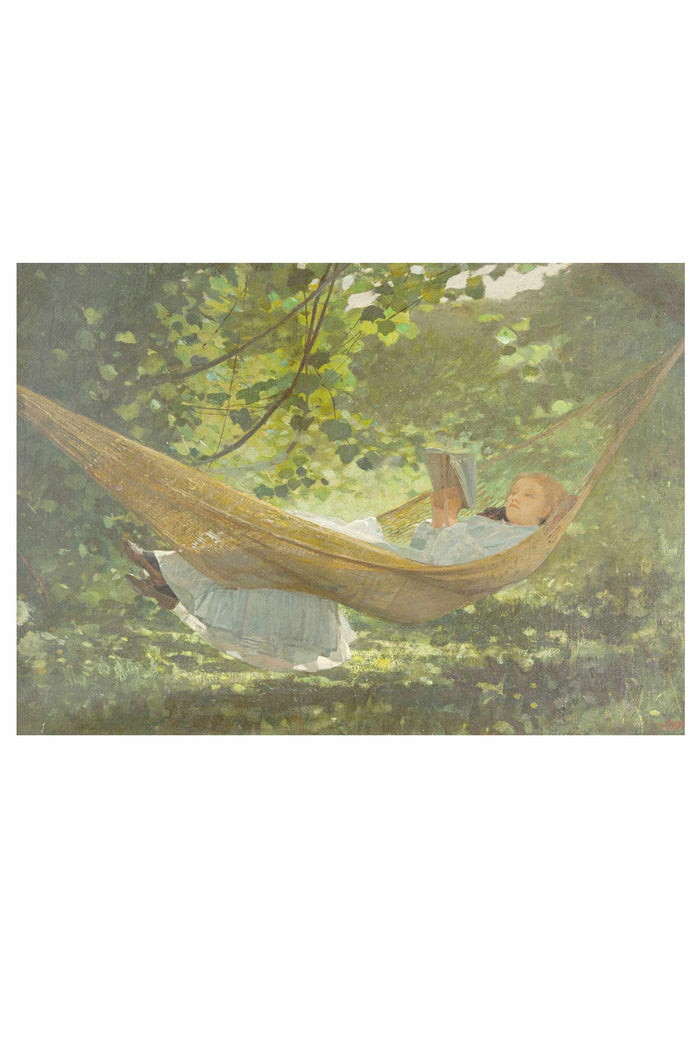 Art print of person reading in hammock, sunlight and shadows