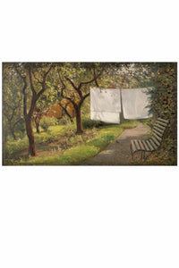 laundry on clothesline in garden with bench