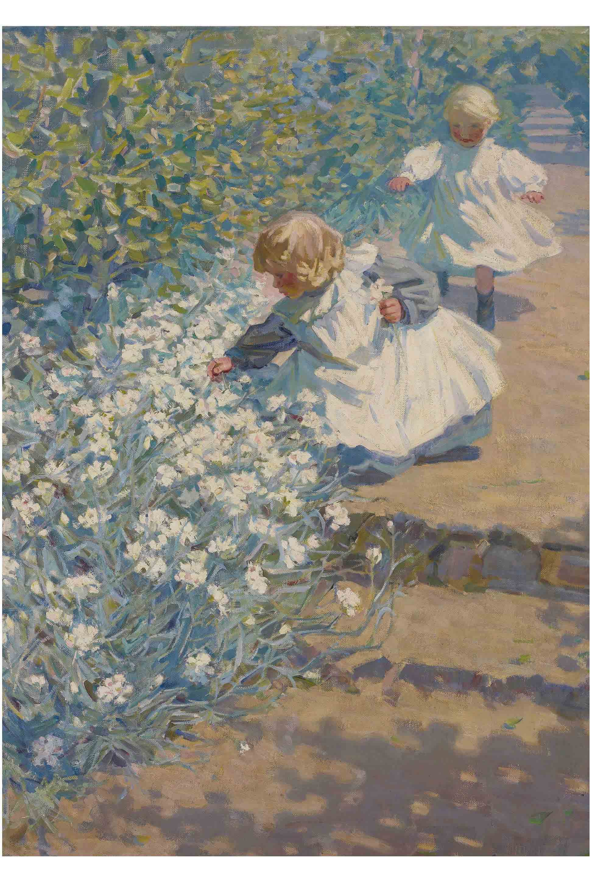 Art print of children picking white flowers.