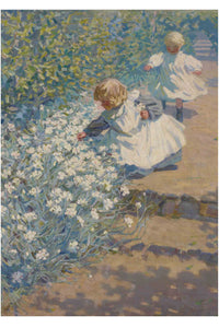 Art print of children picking white flowers.