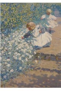 Art print of children picking white flowers.