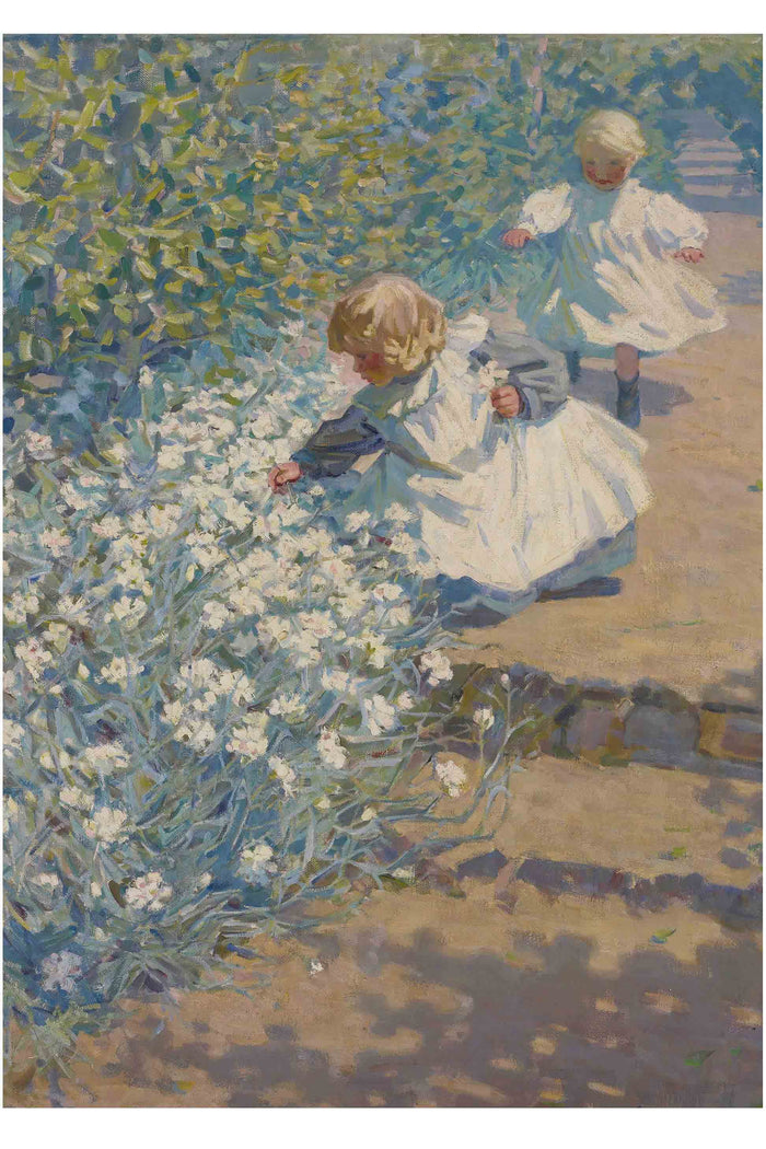 Art print of children picking white flowers.