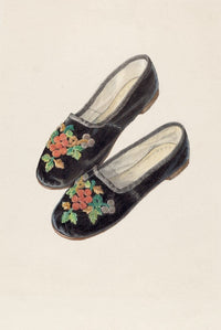 Baby shoes, Edith Towner sachet with floral embroidery.