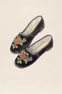 Baby shoes, Edith Towner sachet with floral embroidery.