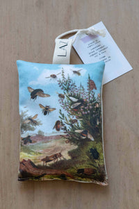 Bee sachet with vintage insect illustration and tag.