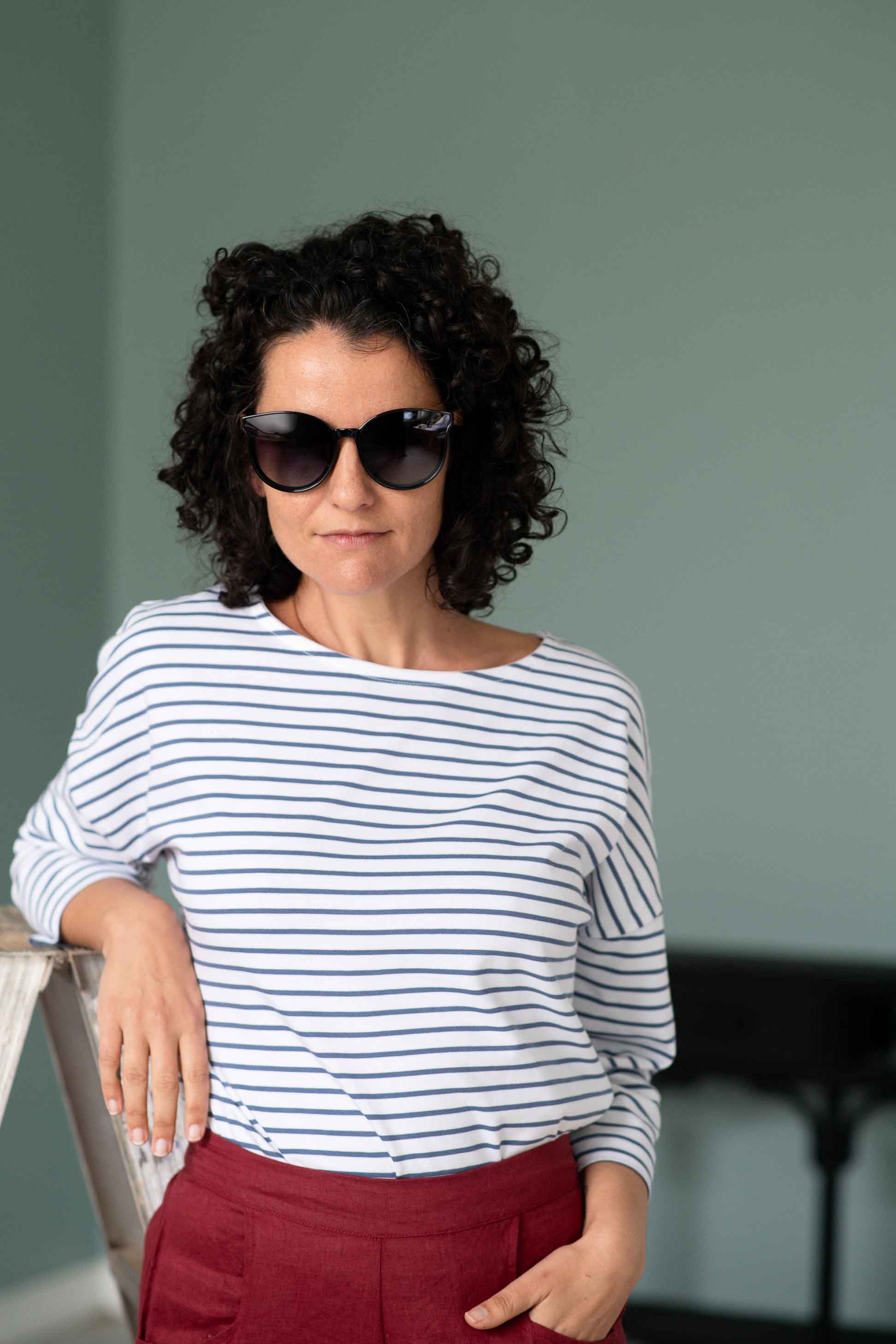 Bella Midnight Solent Tee - woman wearing sunglasses and striped shirt