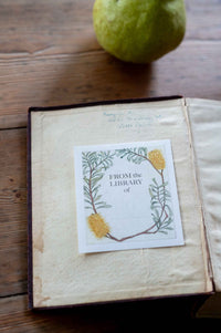 Bookplate inside antique book with floral design and pear.