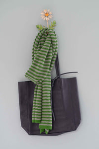 Cher blue leather tote with green scarf