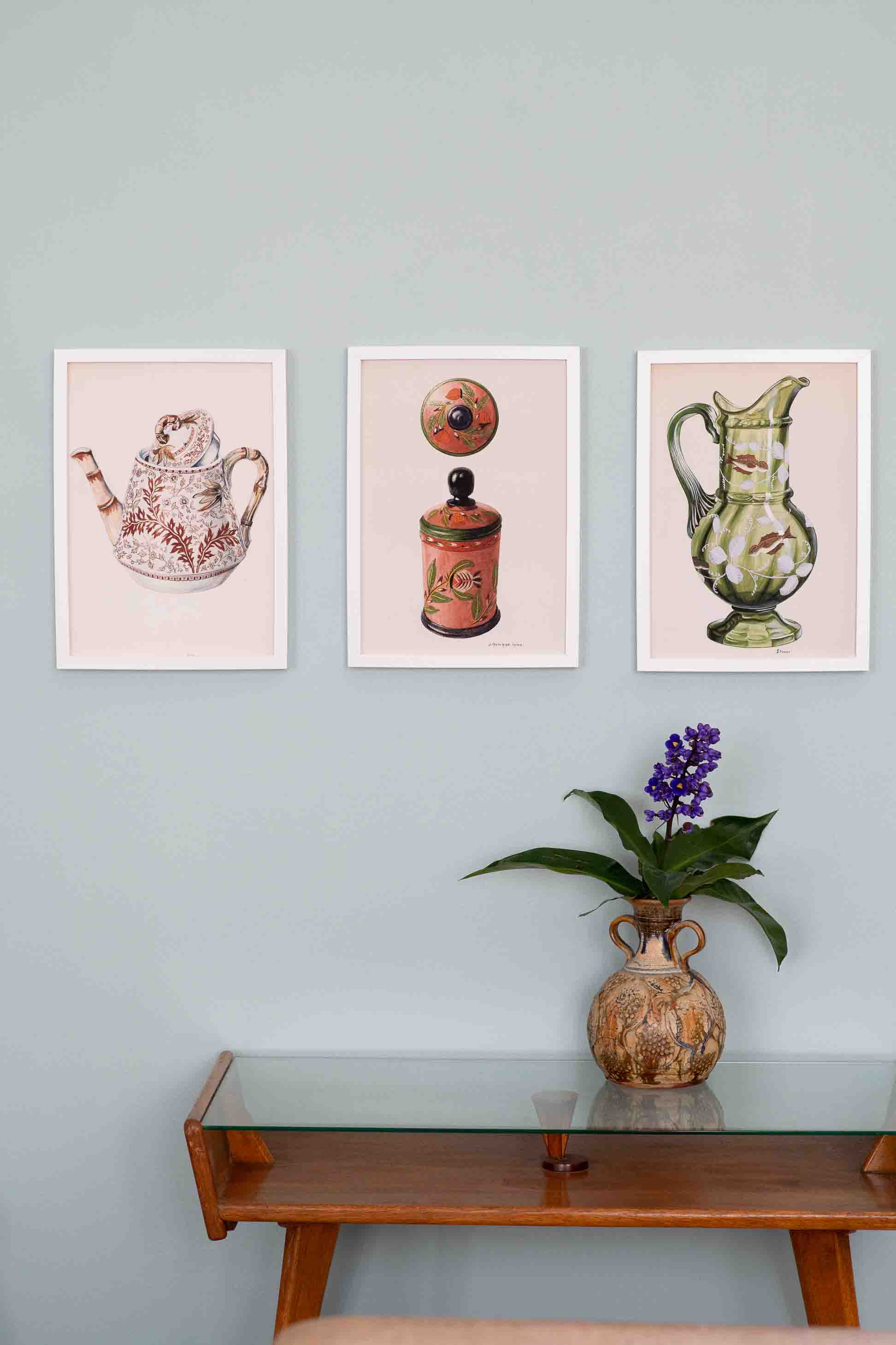 Framed vintage teapot, canister & pitcher artwork