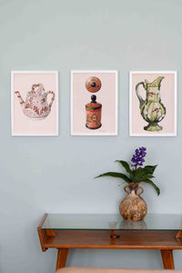 Framed vintage teapot, canister & pitcher artwork