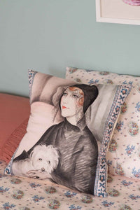 Pillow with vintage woman & dog print, DSC9691