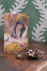 Greeting card featuring woman in hat next to jewelry, DSC9904