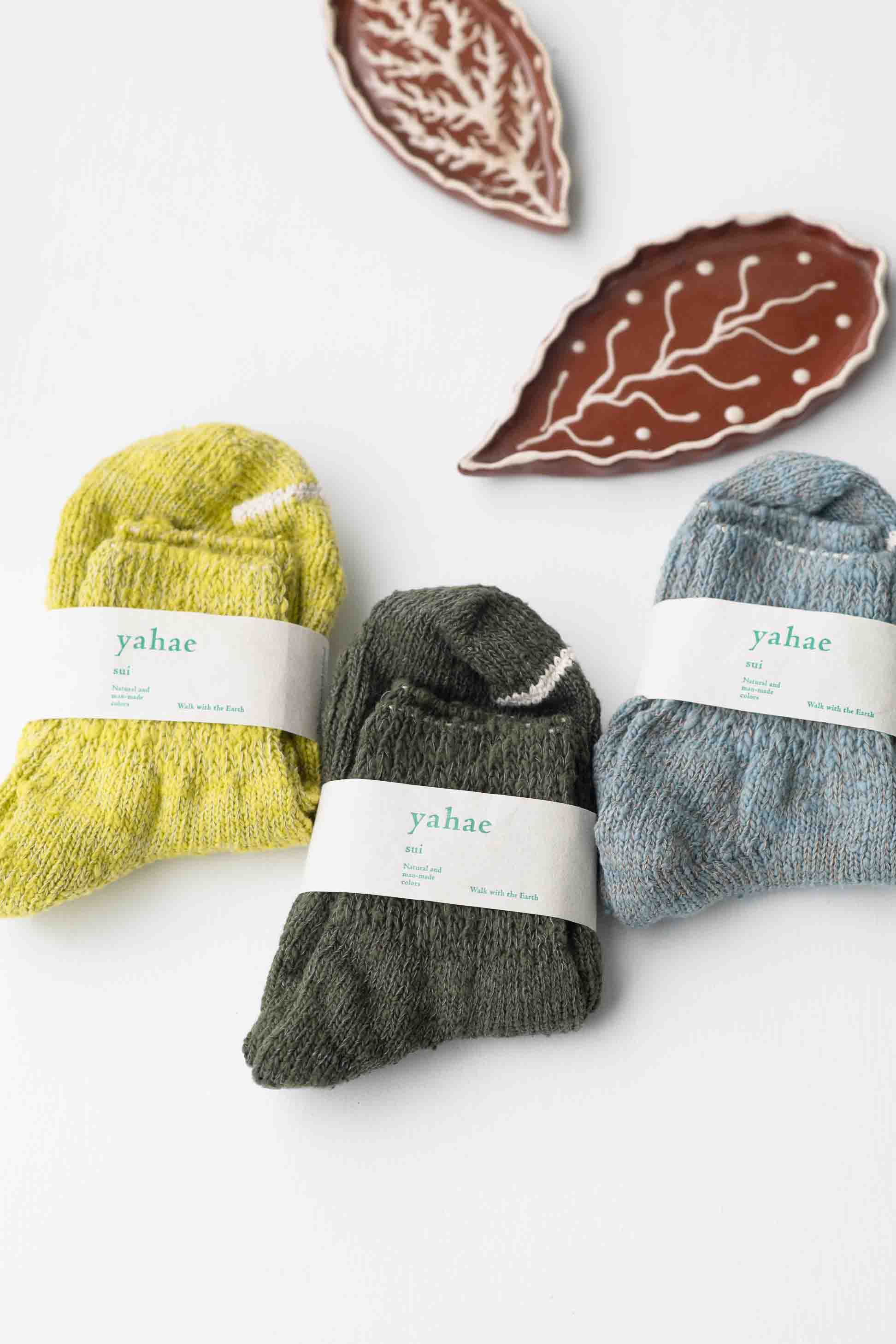 Garabou Socks in Yellow, Green, and Blue with Decorative Leaves