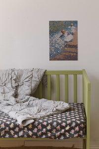 Grey marle cot quilt & floral sheet with art print of flowers