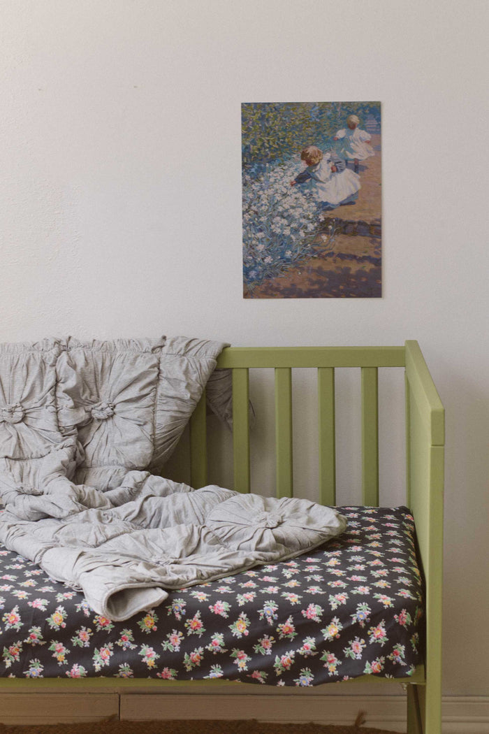 Grey marle cot quilt & floral sheet with art print of flowers