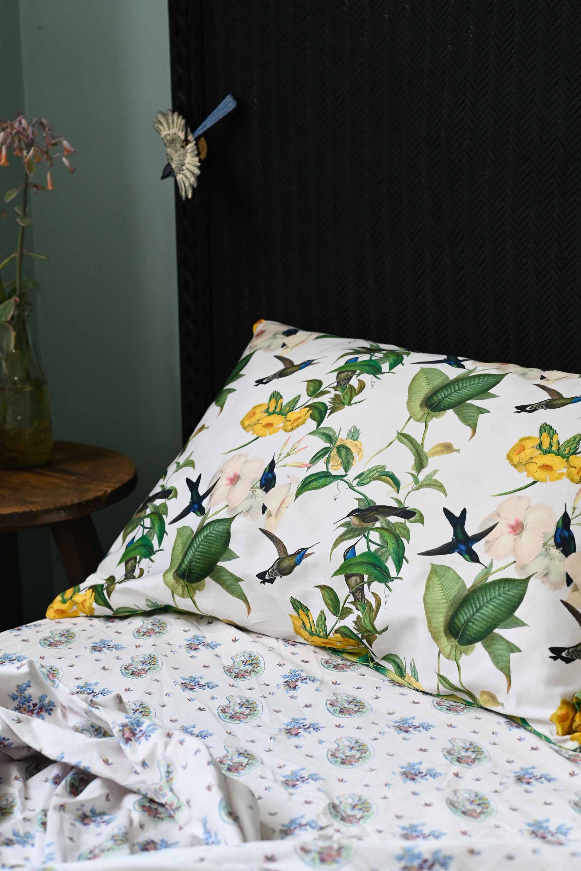 Hummingbird & Fairy Wren pillowcase set with floral & bird pattern.
