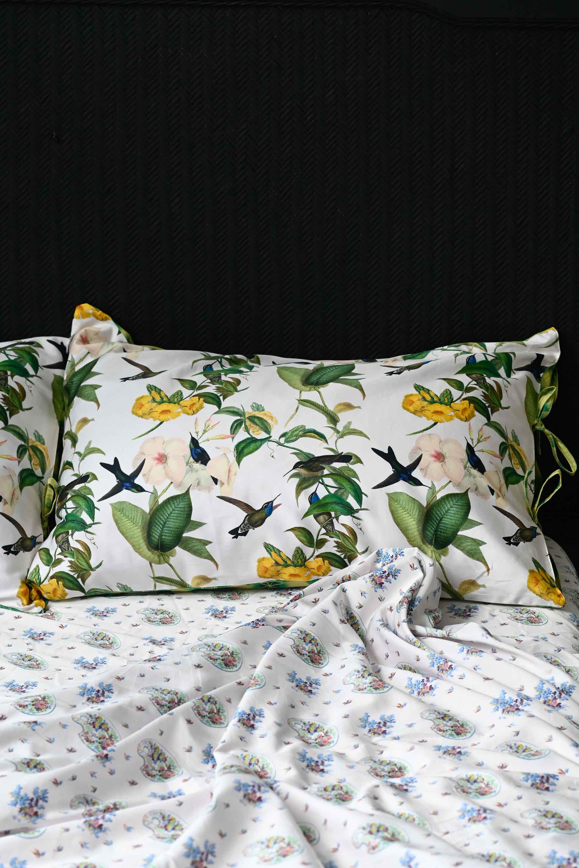 Hummingbird pillowcase set with floral and bird design