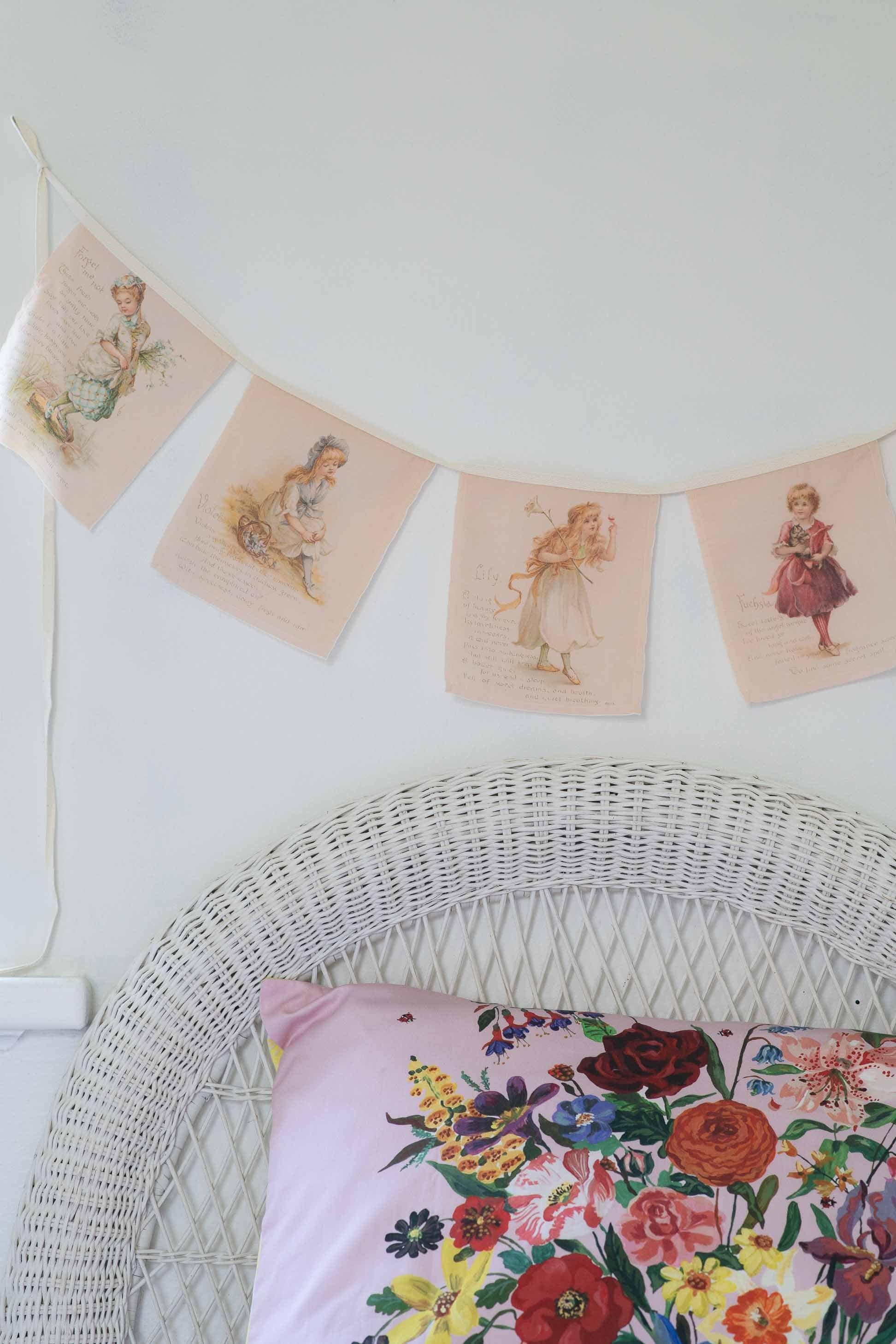 Floral garland & pillowcase set with flowers and girls.