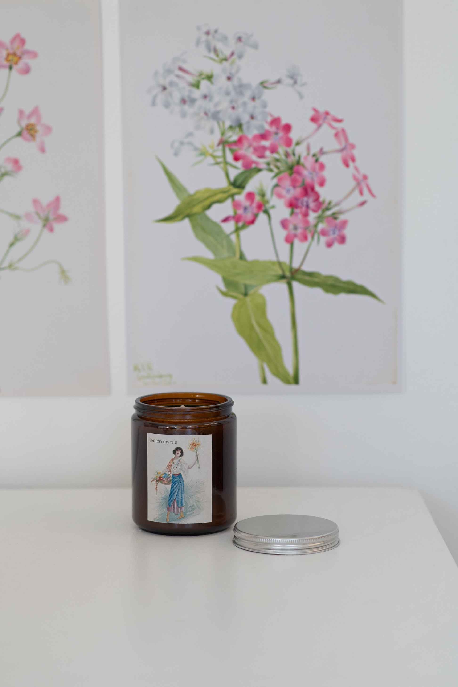 Lemon Myrtle Candle with Floral Art