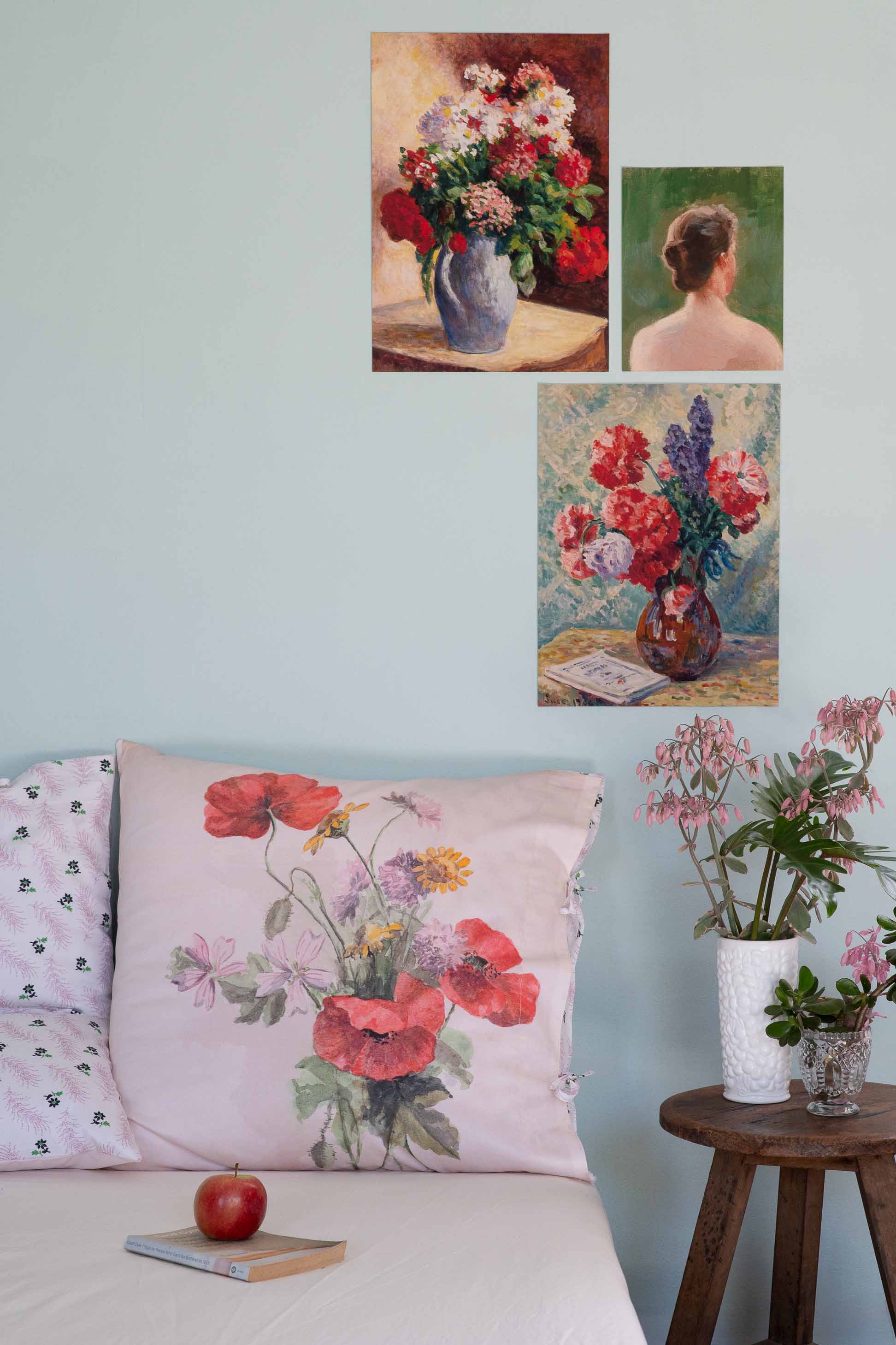 Marietta floral art prints and pillow on wall