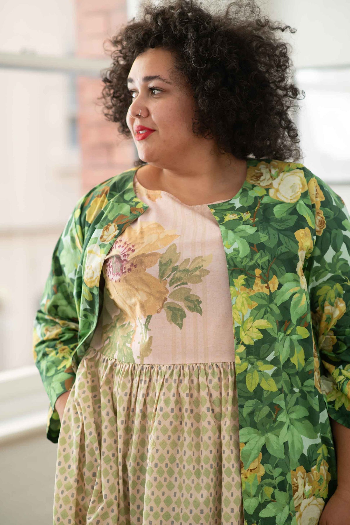 Meg Sidewall, Janey Larkin in floral print outfit