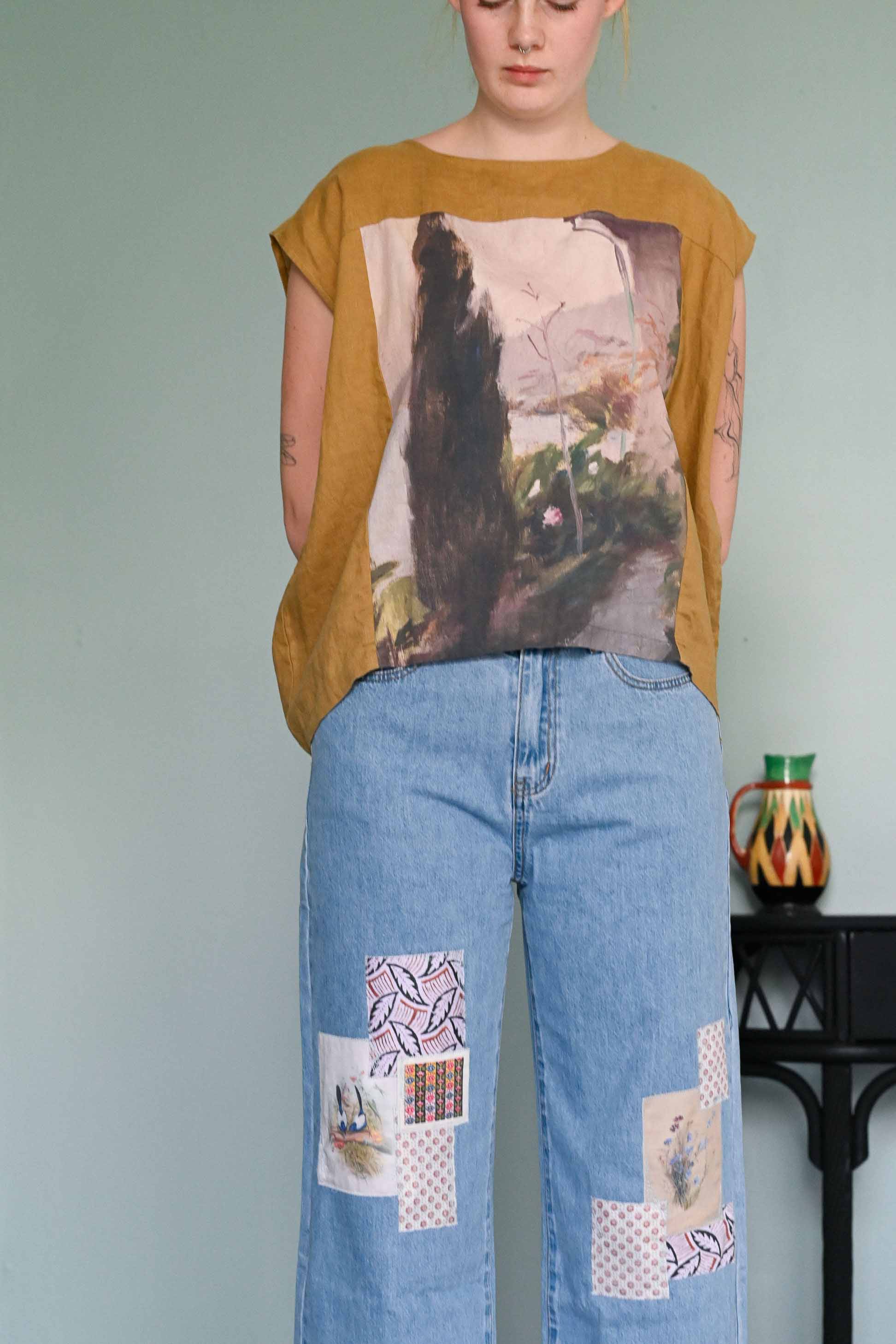 PeggyGarden Lucy patched jeans with landscape graphic top