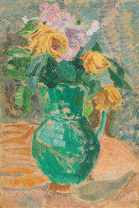 Green pitcher with yellow and pink flowers
