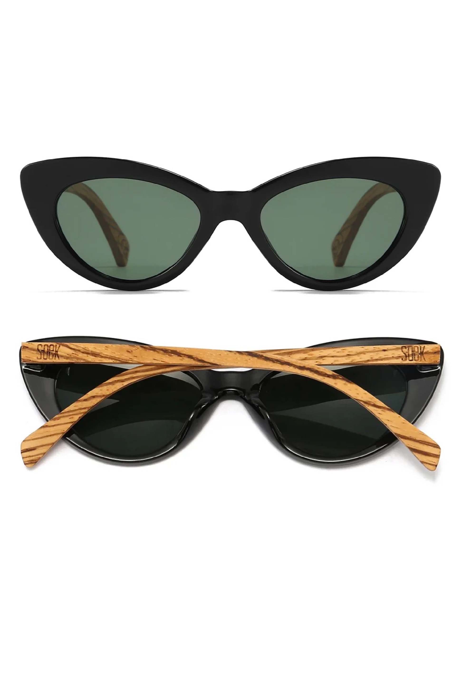 Black cat-eye sunglasses with wooden arms