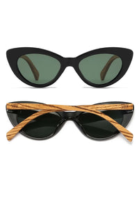 Black cat-eye sunglasses with wooden arms