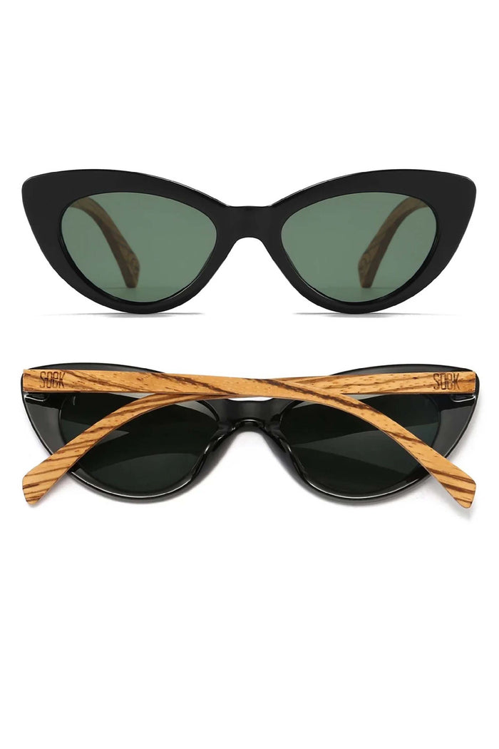 Black cat-eye sunglasses with wooden arms