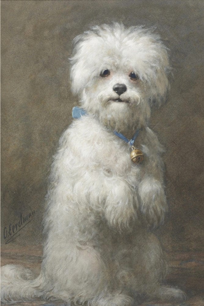 Painting of a white dog Sitting Up by Otto Eerelman.