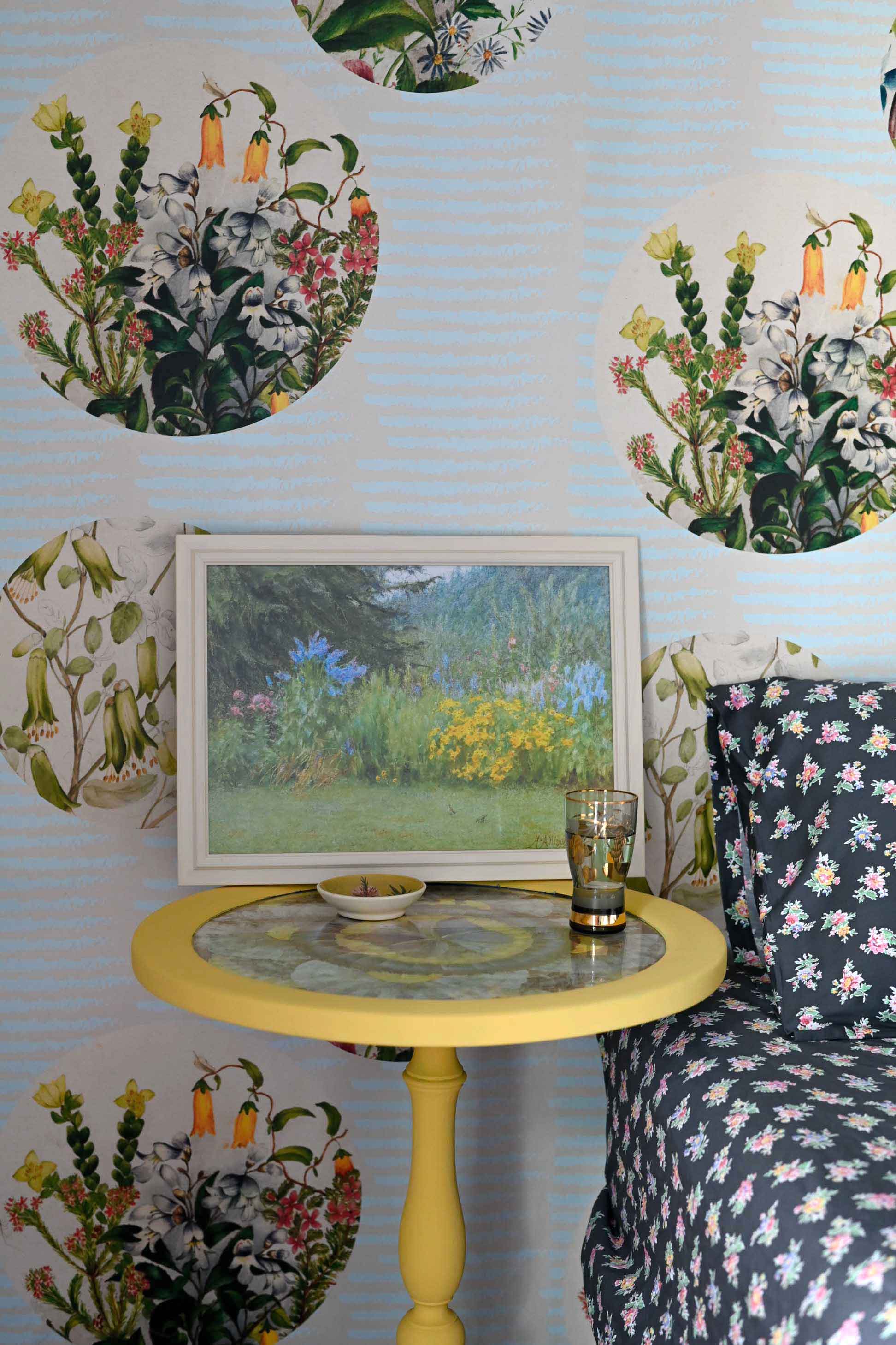 Surrey Garden art print and Prairie sheet set with table and flowers