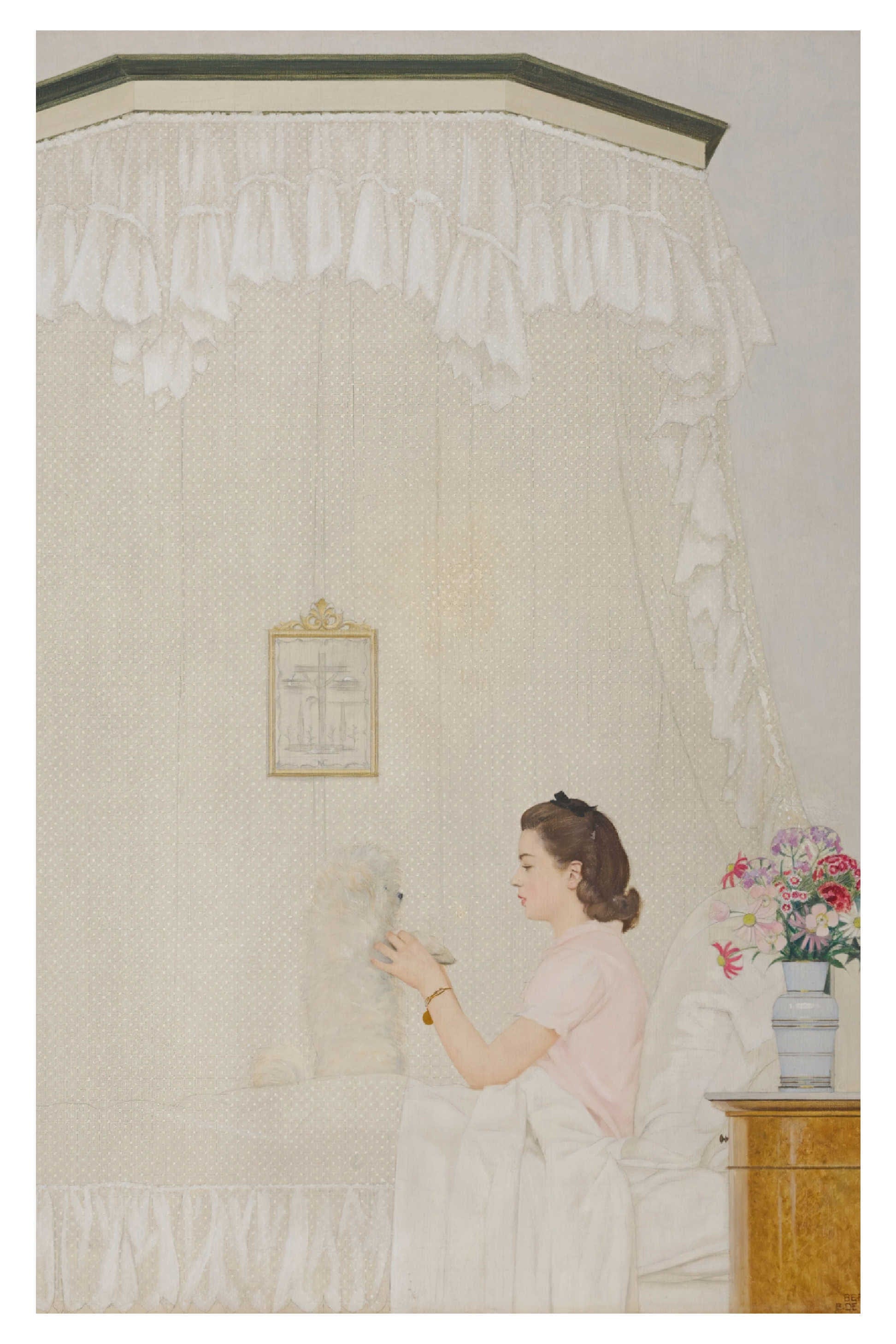 Sylvie, 1944x2916, sitting by bed with flowers.