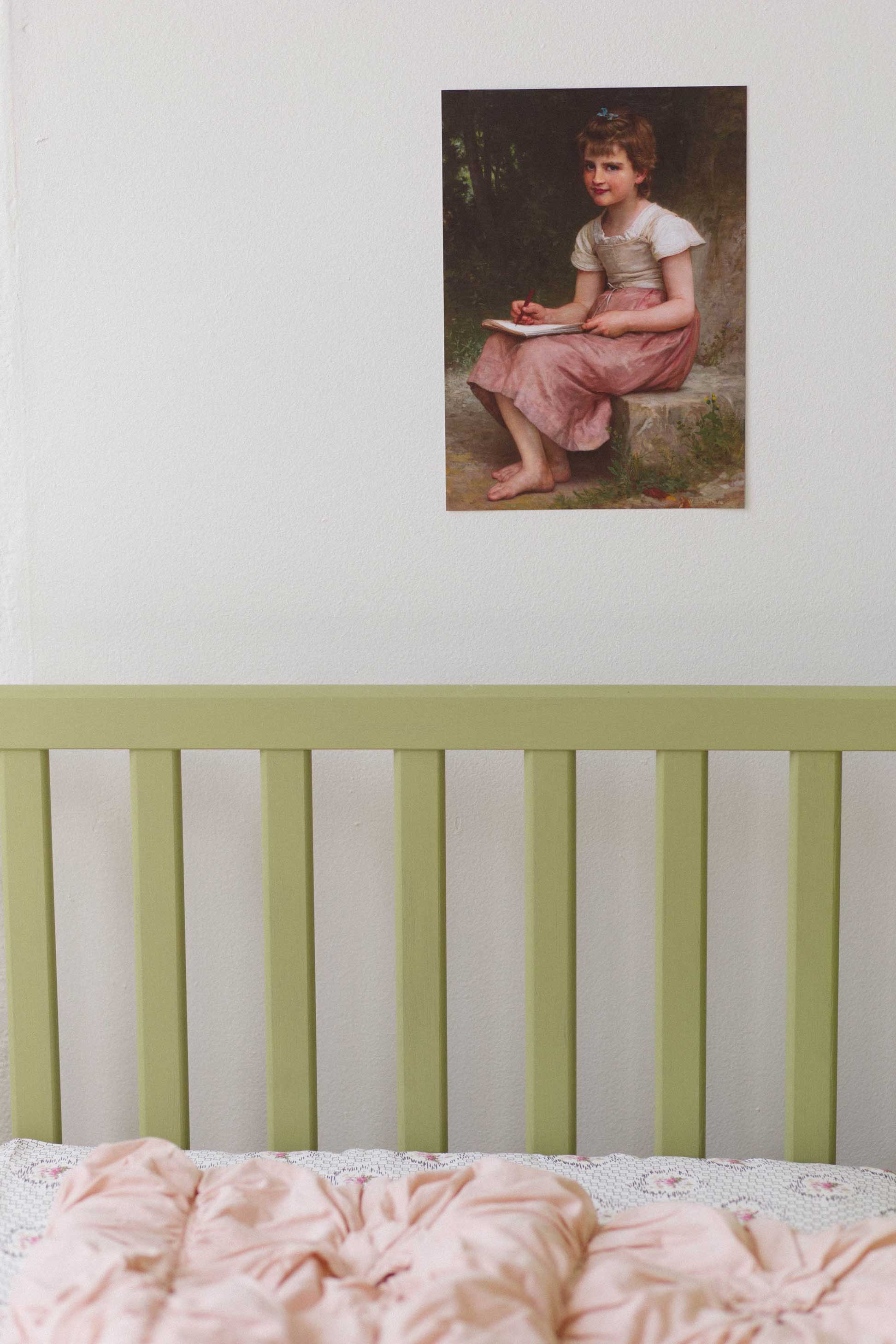 Vienna cot sheet with Tuscan pink quilt and art print for kids.