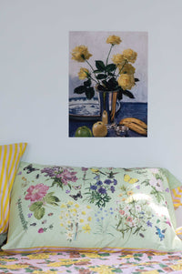 Still life painting with yellow roses, busy garden pillow